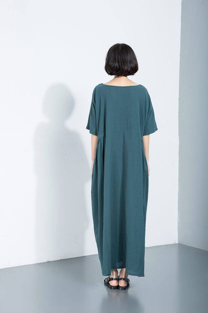 Green linen dress, loose linen dress, long linen dress, maxi linen dress, full length dress, drawstring dress, Plus size dress C1111