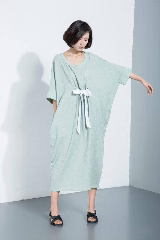 Maxi green casual linen summer dress C1112