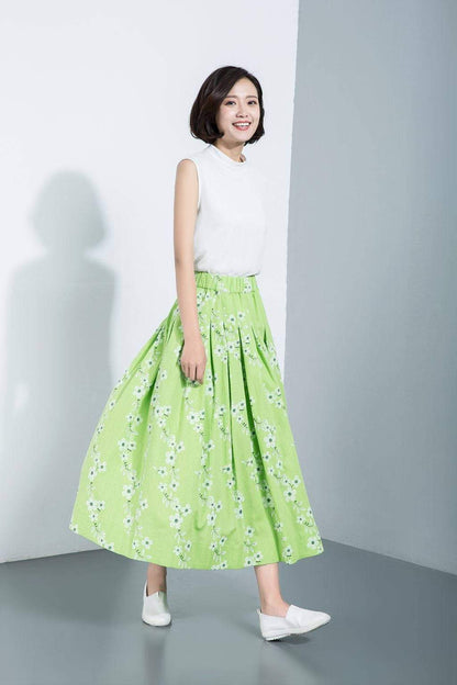 flower skirts, print skirts, skater skirt, pleated linen skirt, long linen skirt, maxi skirt, mint green skirt, green linen skirt C1125