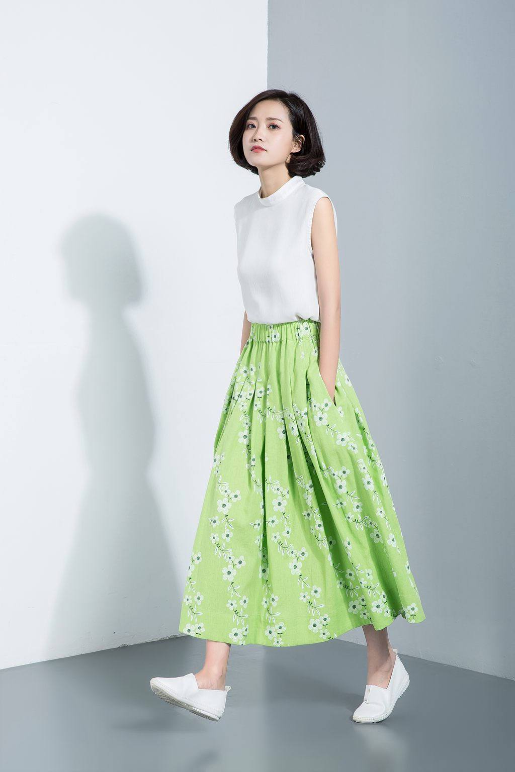 flower skirts, print skirts, skater skirt, pleated linen skirt, long linen skirt, maxi skirt, mint green skirt, green linen skirt C1125
