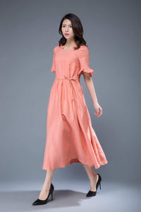 pink linen dress, summer long dress, short sleeve dress, fit and flare dress, frilly dress, date dress, drawstring dress, skater dress C1051