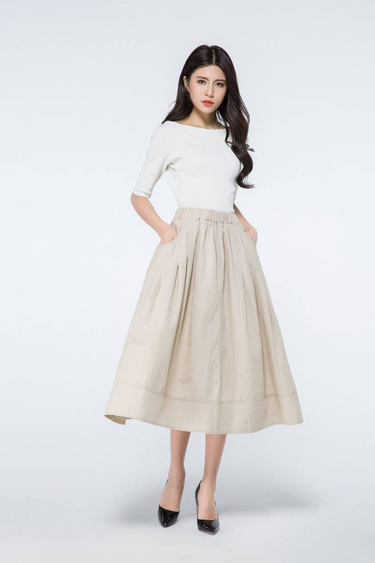 Beige elastic waist skirt with pockets C1066