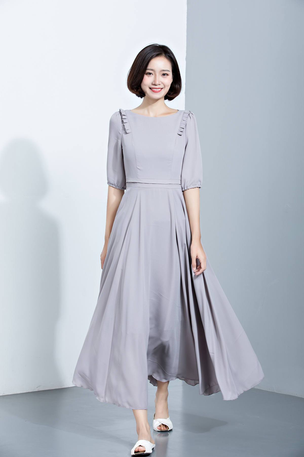 summer chiffon dress with mid sleeves and high waist C1137