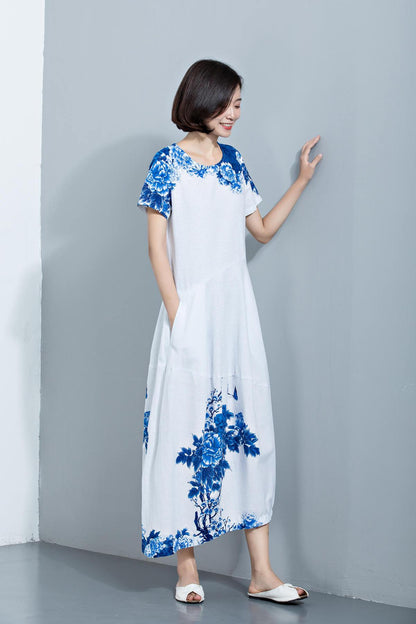 Womens dresses, Linen Dress, maxi dress, dress, Midi Length Dress, Loose Dress, summer dress, print dress, flower dress C1134