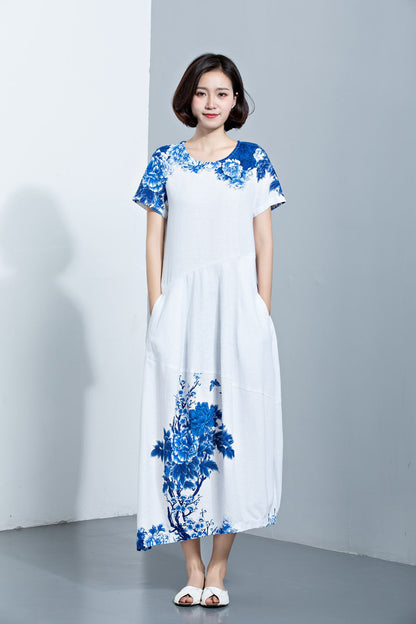 Womens dresses, Linen Dress, maxi dress, dress, Midi Length Dress, Loose Dress, summer dress, print dress, flower dress C1134