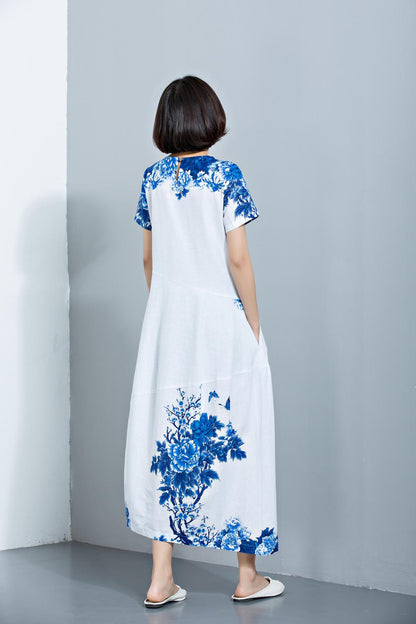 Womens dresses, Linen Dress, maxi dress, dress, Midi Length Dress, Loose Dress, summer dress, print dress, flower dress C1134