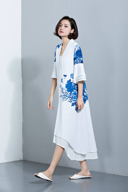 Linen dress, womens dresses, white dress, blue dress, flower dress, white maxi dress, causal dress, vintage dress, maxi dress  C1133