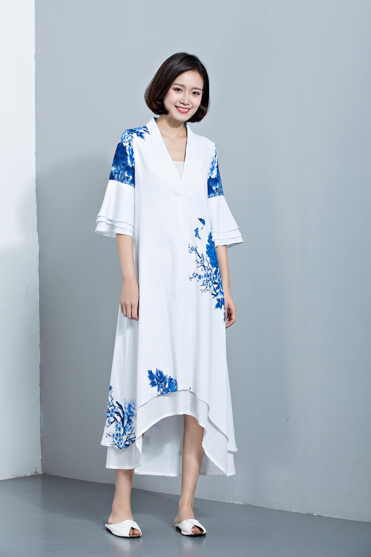 Linen dress, womens dresses, white dress, blue dress, flower dress, white maxi dress, causal dress, vintage dress, maxi dress  C1133