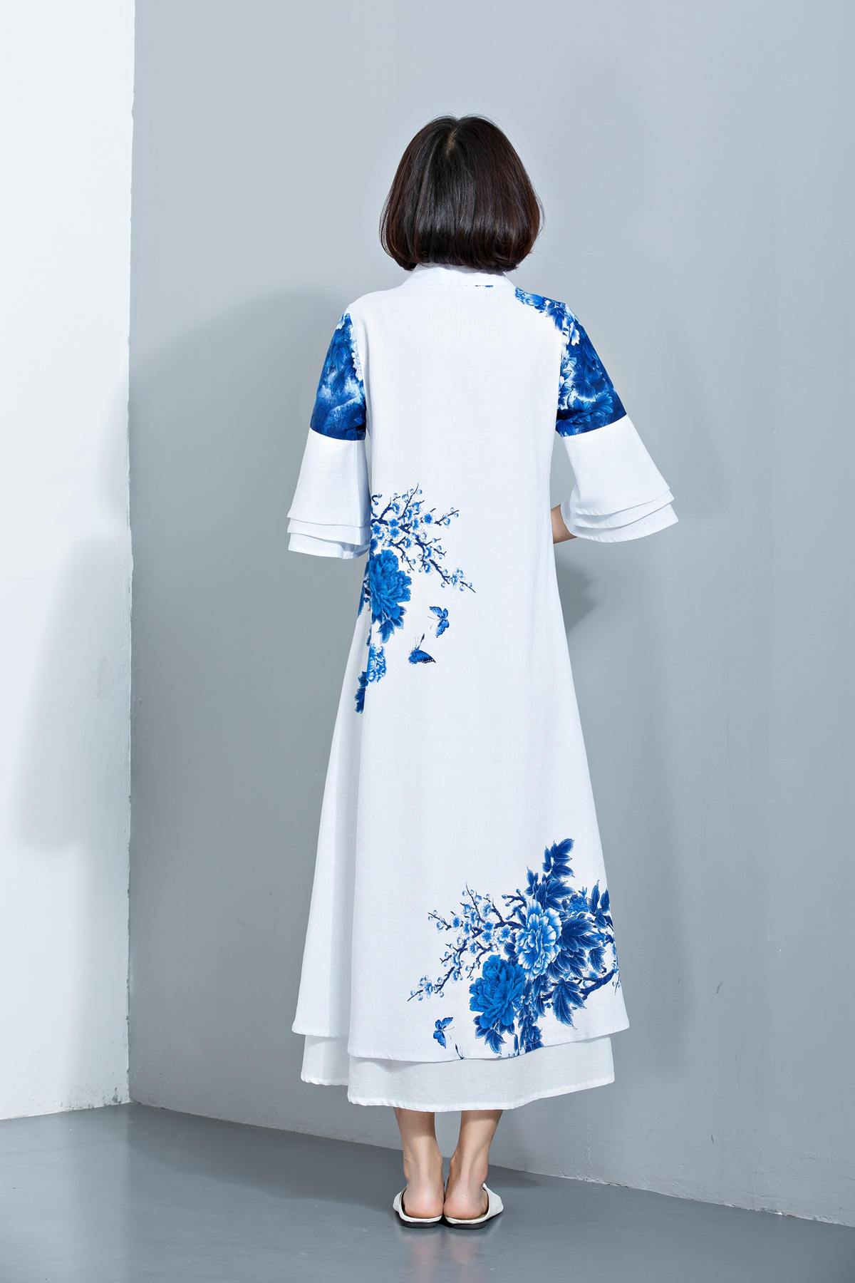 Linen dress, womens dresses, white dress, blue dress, flower dress, white maxi dress, causal dress, vintage dress, maxi dress  C1133