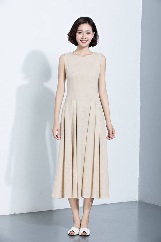 Linen dress, midi dress, Beige Linen Dress, summer dress, Sleeveless Dress, long linen dress, linen womens clothes, women dress C1139