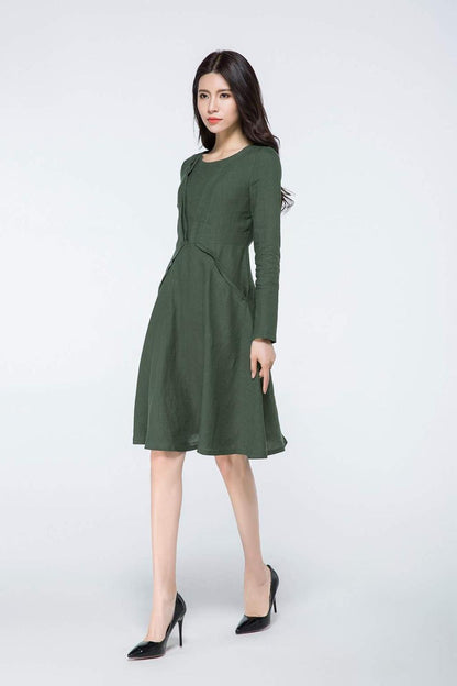 Green linen dress, linen dress, womens dresses, midi dress, linen dress women, dress with pockets, long sleeve dress, midi linen dress C1069