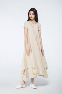 beige long linen loose dress C1071, Size US 2 #yy03420