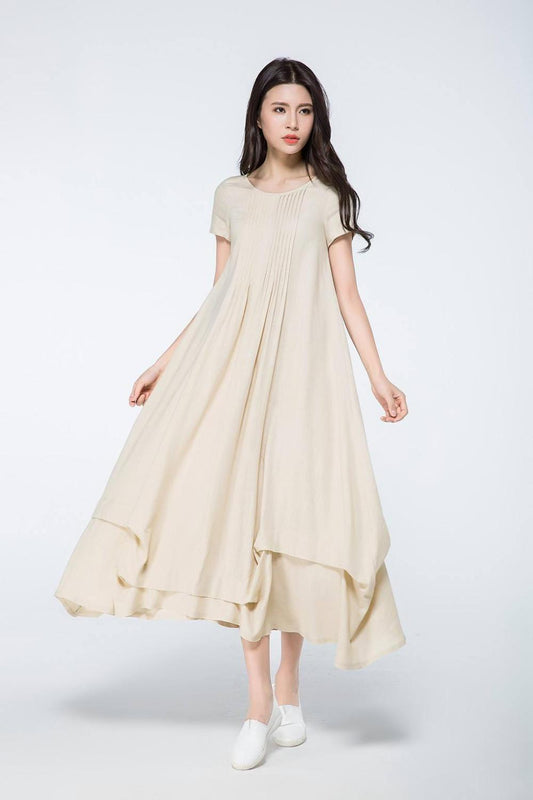 Plus size maxi beige linen dress C1071