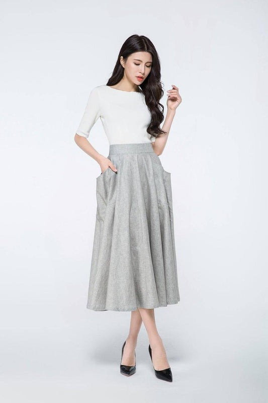 Gray linen midi skirt with big pockets C1067