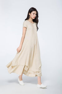 beige long linen loose dress C1071, Size US 2 #yy03420