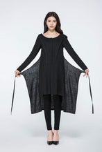 Load image into Gallery viewer, Midi Hooded  Black Linen Long Sleeves Dress C1075
