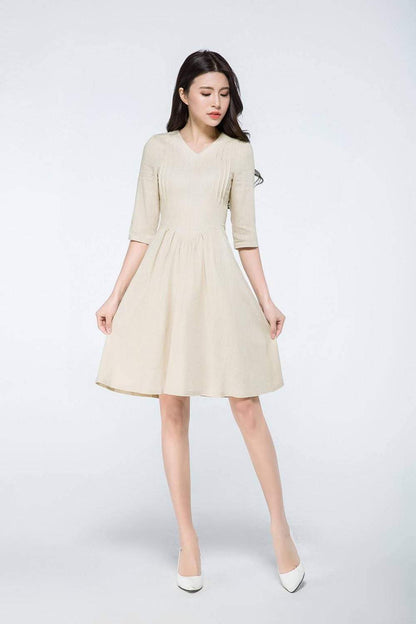 Mini linen dress, linen dress, beige dress woman, woman summer dresses, linen summer dress, knee length dress, classic girl dress C1072