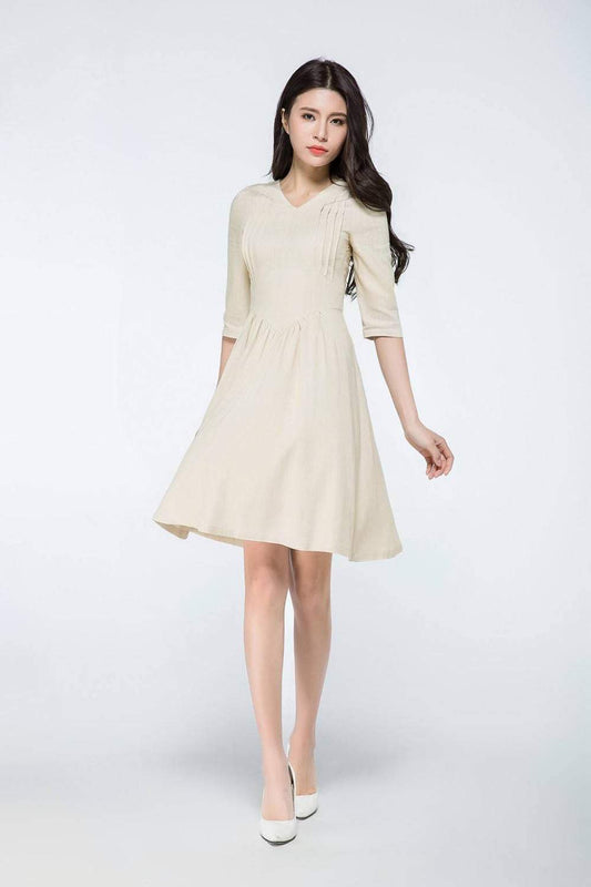 Beige short summer linen dress C1072