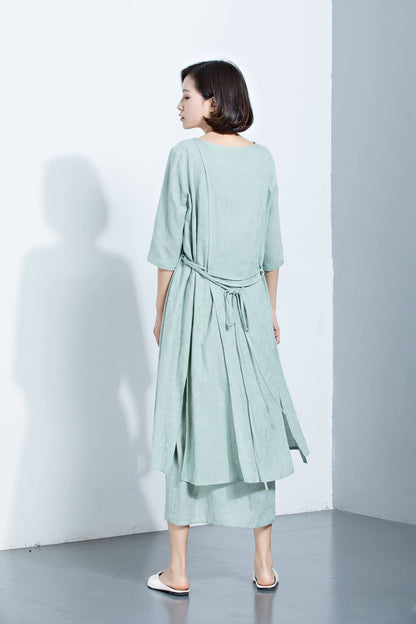 Mint Green Linen Dress, Layered Dress, Midi Dress, Printed Dress, 3/4 Sleeves Dress, Loose Dress, Summer Dress, Women's Dress C1132