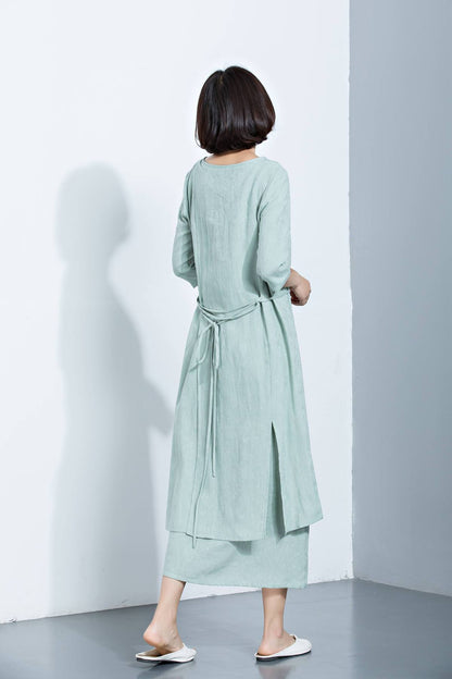 Mint Green Linen Dress, Layered Dress, Midi Dress, Printed Dress, 3/4 Sleeves Dress, Loose Dress, Summer Dress, Women's Dress C1132