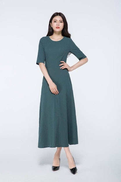 dark green dress, linen maxi dress, maxi dress with sleeves, linen dress, linen dress pattern, womens dresses, made to order dress  C1062