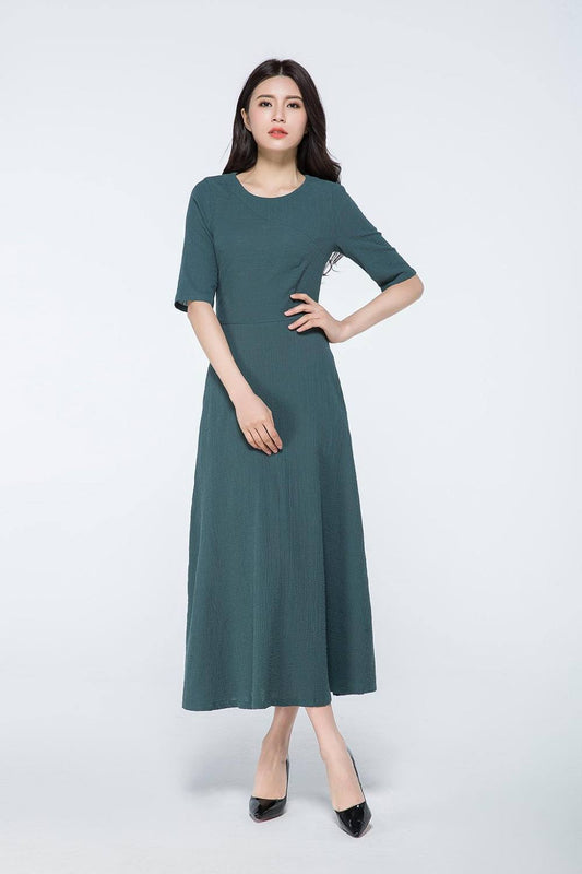 dark green dress, linen maxi dress, maxi dress with sleeves, linen dress, linen dress pattern, womens dresses, made to order dress  C1062