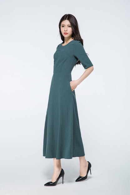 dark green dress, linen maxi dress, maxi dress with sleeves, linen dress, linen dress pattern, womens dresses, made to order dress  C1062