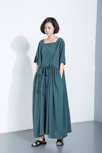 Green linen dress, loose linen dress, long linen dress, maxi linen dress, full length dress, drawstring dress, Plus size dress C1111