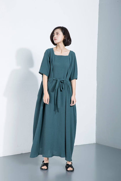 Green linen dress, loose linen dress, long linen dress, maxi linen dress, full length dress, drawstring dress, Plus size dress C1111