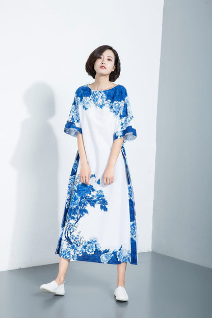 linen dress, linen dress woman, print linen dress, maxi dress, womens dress, linen dress plus size, womens dresses, long dress C1117