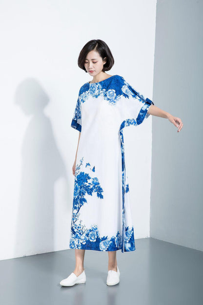 linen dress, linen dress woman, print linen dress, maxi dress, womens dress, linen dress plus size, womens dresses, long dress C1117