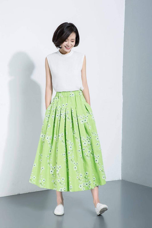 flower skirts, print skirts, skater skirt, pleated linen skirt, long linen skirt, maxi skirt, mint green skirt, green linen skirt C1125