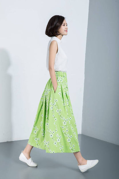 flower skirts, print skirts, skater skirt, pleated linen skirt, long linen skirt, maxi skirt, mint green skirt, green linen skirt C1125