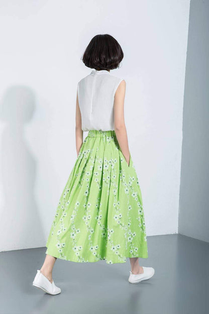 flower skirts, print skirts, skater skirt, pleated linen skirt, long linen skirt, maxi skirt, mint green skirt, green linen skirt C1125