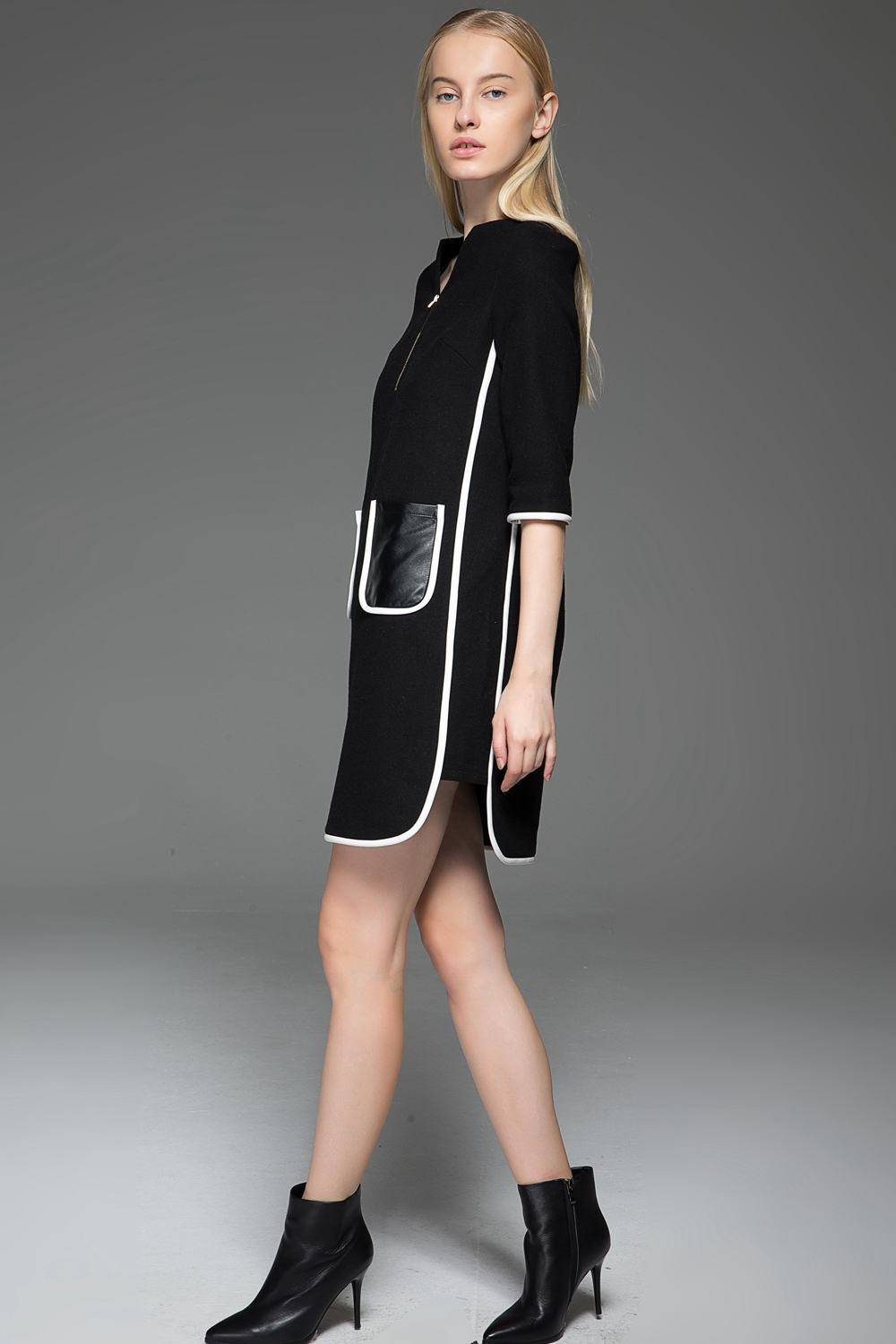 Chanel Style Dress - Black Wool Mini Dress with Cream Piping and Leather  Pockets 60s Era Vintage Style Womens Dress C778