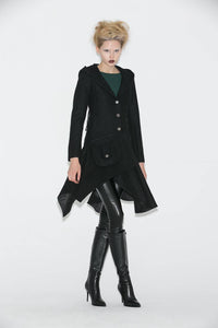 Black Swing Coat - Contemporary Unique Design Winter Jacket with Pixie Rag Hemline and Large Front Pocket C671