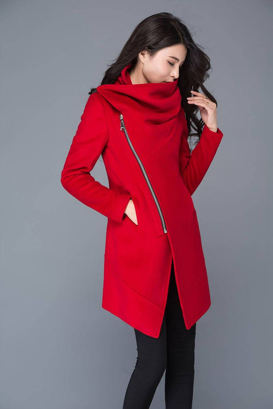 Red Coat, Asymmetrical coat, cowl neck jacket, coats, wool coat, wollmantel, women wool coat, wool jacket asymmetriccal, winter coat C1025