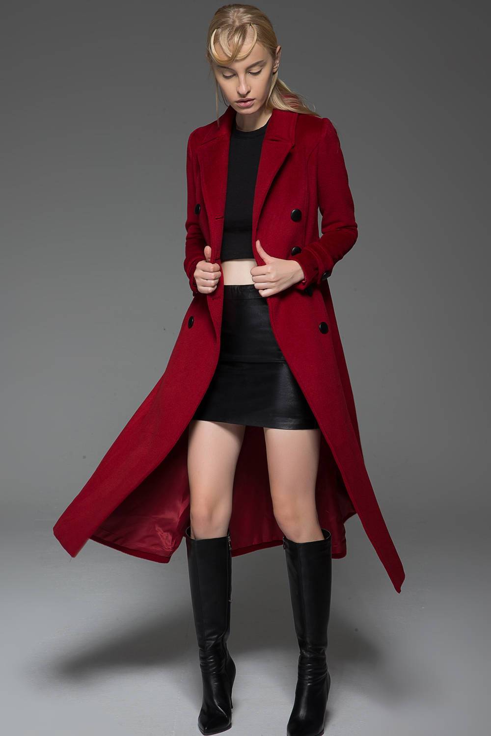 Classic Red Coat - Wool Long Full Length Fitted Slim Tailored Double-Breasted Woman's Coat with Black Buttons & Double Lapels C741