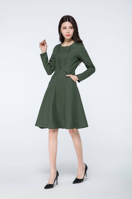 Short green linen dress with pockets C1069