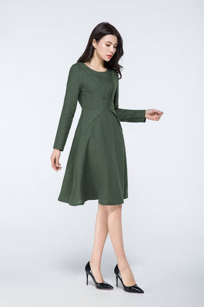 Green linen dress, linen dress, womens dresses, midi dress, linen dress women, dress with pockets, long sleeve dress, midi linen dress C1069