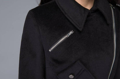 black coat, Asymmetric coat, winter coat, wool coat, zipper coat, women jackets, womens coats, custom coat, fit and flare coat C990