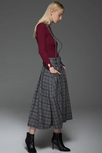 plaid skirt, Suspender skirt, wool plaid skirt, long skirt, buttons skirt, country style skirt, grey skirt, gray skirt, womens skirts C767