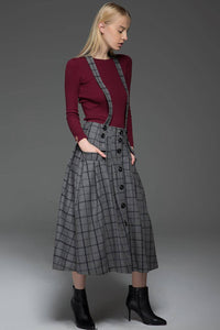 plaid skirt, Suspender skirt, wool plaid skirt, long skirt, buttons skirt, country style skirt, grey skirt, gray skirt, womens skirts C767