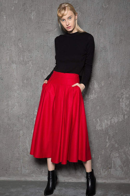 red wool skirt, winter wool skirt, 1950s skirt, wool skirts, winter skirt, midi skirt, vintage skirt with pockets C729