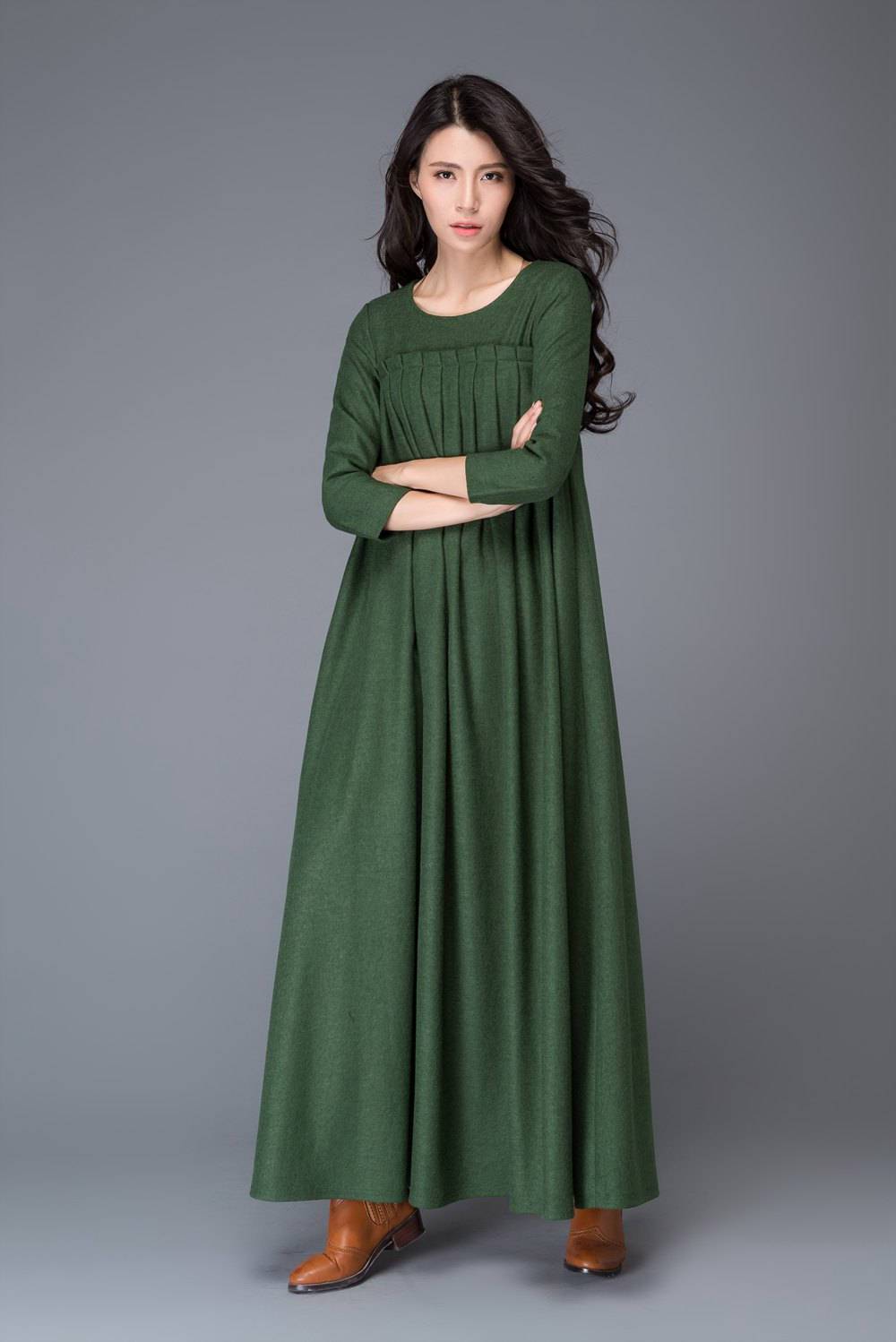 Green dress, Wool dress, winter dress, maxi dress, womens dress, pleated dress, green wool dress, maxi wool dress, womens wool dress C1013