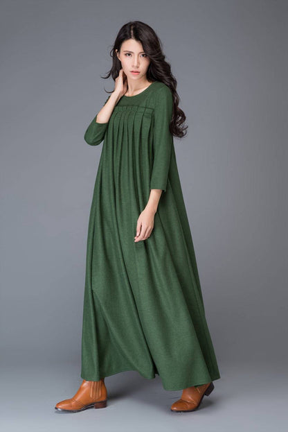 Green dress, Wool dress, winter dress, maxi dress, womens dress, pleated dress, green wool dress, maxi wool dress, womens wool dress C1013