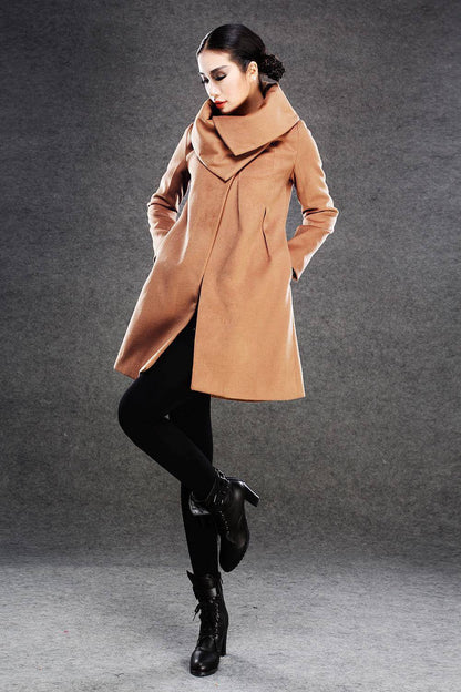 Brown Winter Coat - Cashmere Wool Blend Womens Autumn Winter Midi Swing Coat with Chunky Large Cowl Collar & Side Pockets C142