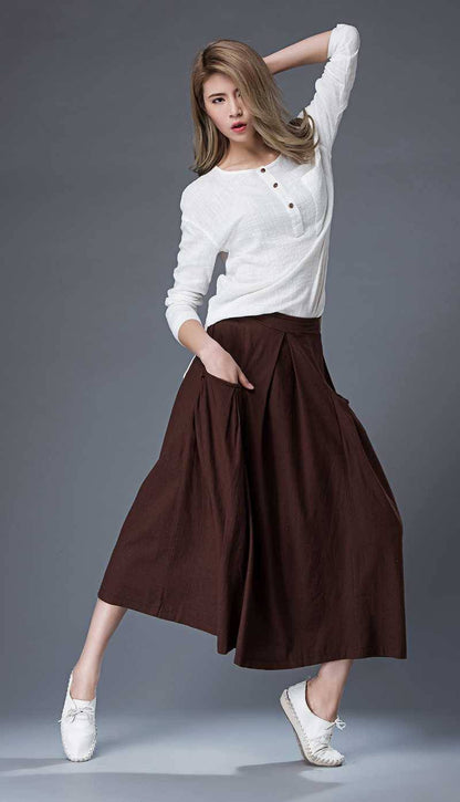 Tea length skirt, Linen Skirt, brown linen skirt, midi skirt, womens skirts, linen skirt pockets, summer skirt, made to order C872