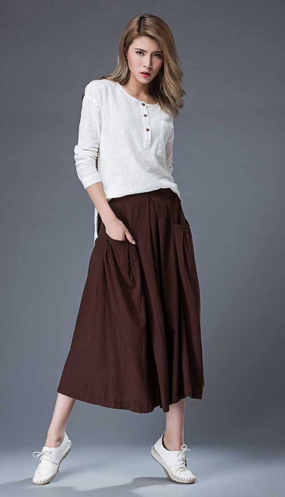 Tea length skirt, Linen Skirt, brown linen skirt, midi skirt, womens skirts, linen skirt pockets, summer skirt, made to order C872