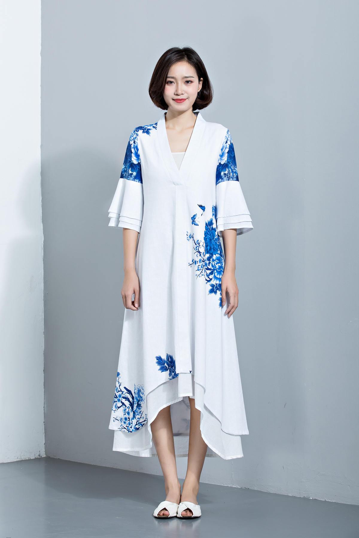 Linen dress, womens dresses, white dress, blue dress, flower dress, white maxi dress, causal dress, vintage dress, maxi dress  C1133